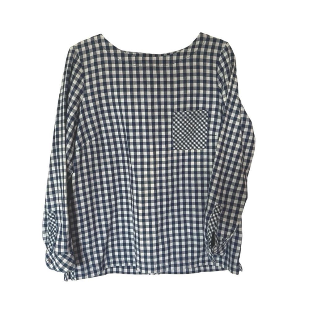 J.Jill Navy and White Gingham Cotton Pullover Blouse SZ M​